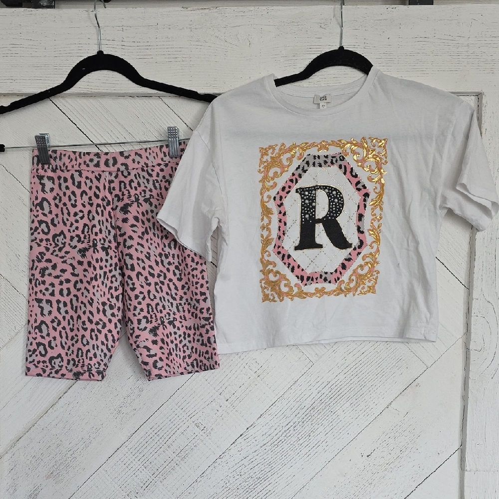 River Island White and Gold Top with Pink Leopard Shorts